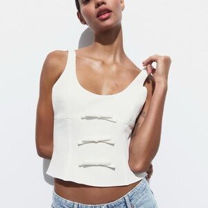 Zara White Bow Detail Structured Crop Top‎ Size L